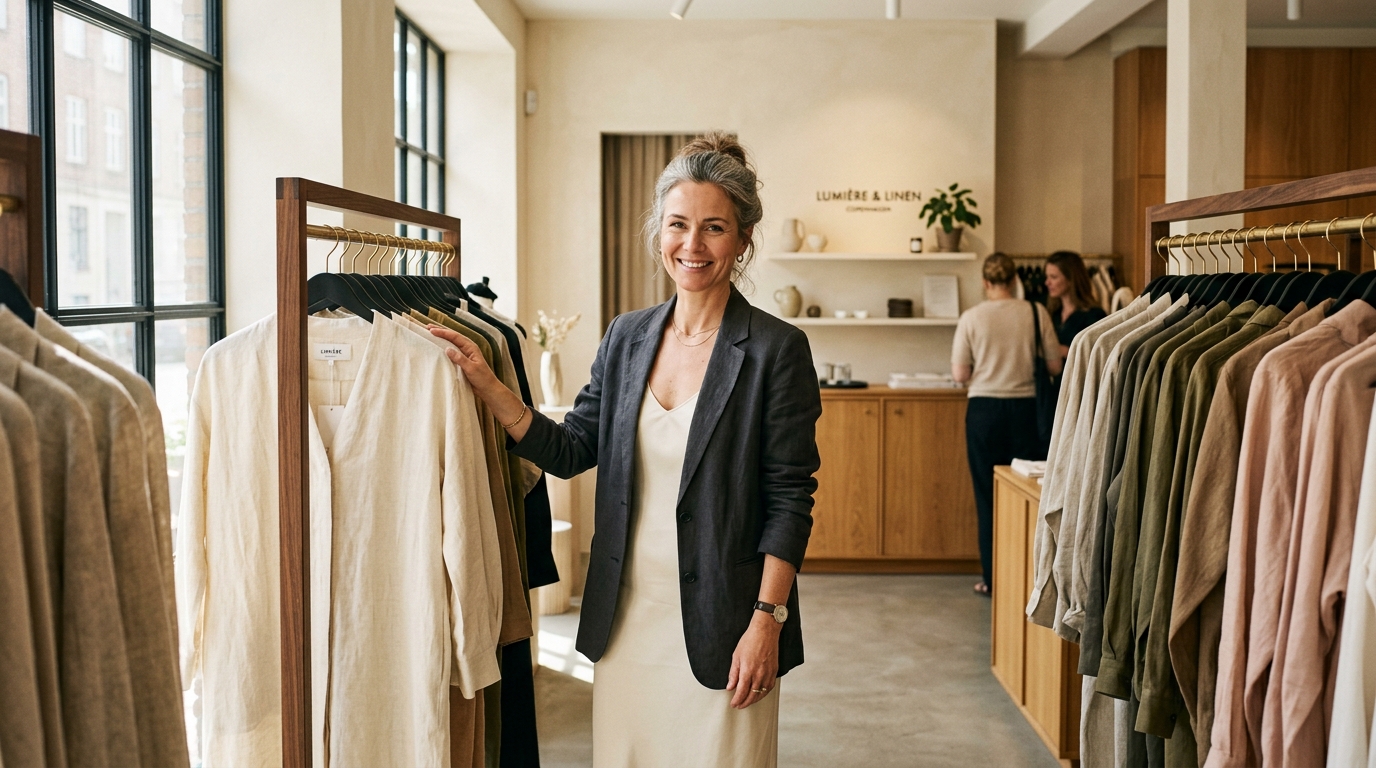 Fashion boutique owner in contemporary studio managing inventory and apparel